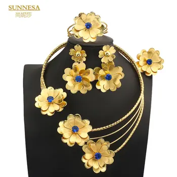 SUNNESA Dubai Fashion комплект Бижута за жени от 18-каратово злато С цветен дизайн, обеци с цирконии, Луксозно колие с wsop гривна и пръстен