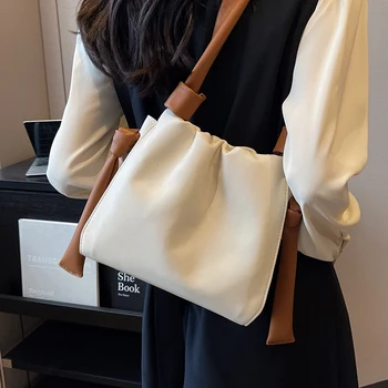 Дамски чанти през рамо в корейски стил за отдих, чанти през рамо с контрастни яка, модерна чанта-месинджър от изкуствена кожа