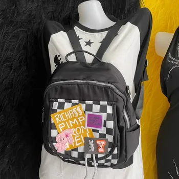 Училищен раница за студенти Y2K в стил мозайка голям капацитет, с писмото анимационни принтом, ежедневни чисто училищни чанти за тийнейджъри, женски