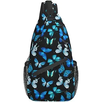 Син раница с пеперуда, чанта през рамо за жени, мъже, чанта с пеперуда, пътна туристическа чанта на рамото, раница