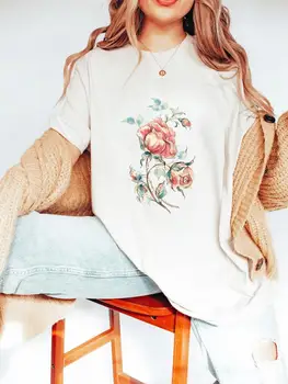 Цветен акварел Стил Скъпа женска риза на 90-те години, модни дрехи, дамски тениски с къс ръкав, пролетно-лятна графична тениска с принтом