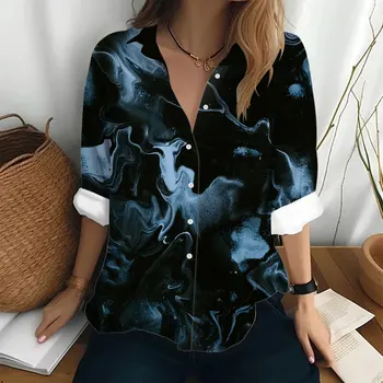 Жените риза Y2k, Модна тениска с дълги ръкави, Елегантна тениска с текстурным шарени копчета, Дамски Свободна риза С ревери, Тениска