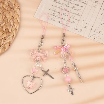 Скъпа висулка във формата на сърце с бантиком, телефонна верига, ремък за момичета, Y2K, розови въжета за мобилни телефони, чанти, висящи украшения