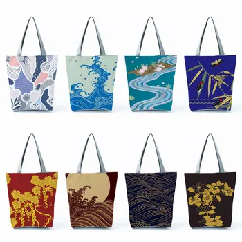 Чанта през рамо с флорални принтом, дамски ежедневни пазарска чанта, синя, голям капацитет, пътна плажната опаковки, чанти и интериор в японски стил за жени
